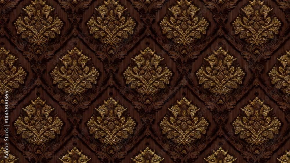 Elegant dark brown wallpaper pattern featuring gold floral damask motifs in a repeated diamond configuration