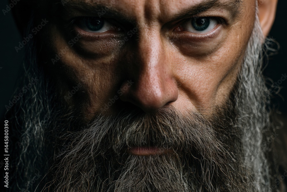 Intense gaze of a bearded man with piercing blue eyes, highlighted by dramatic lighting.