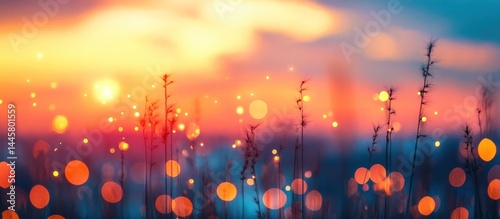 Breathtaking sunset landscape with a magical meadow filled with glowing flowers surrounded by a mesmerizing blur of warm golden light and captivating atmospheric ambiance  Serene tranquil