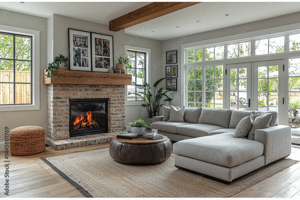 © JIALU - Cozy farmhouse living room with grey couch, white oak floors, red brick fireplace, and photo gallery above the mantle