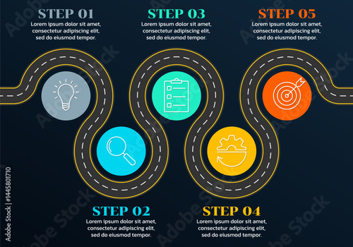 5 step road infographic with business icons. Winding asphalt pass or route. Modern pathway process design. Vector illustration.