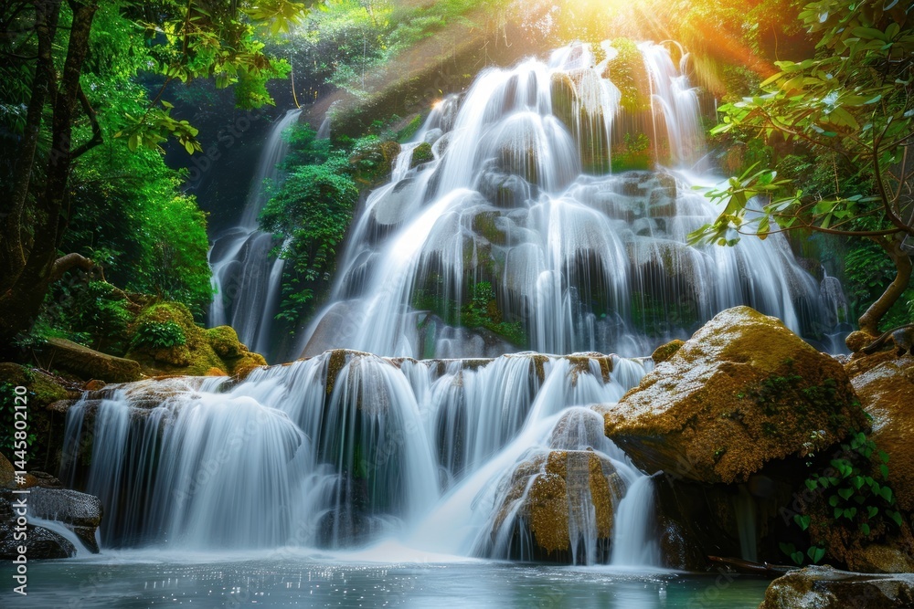 Fototapeta premium Serene Waterfall in Lush Tropical Forest, Breathtaking Display of Nature's Beauty