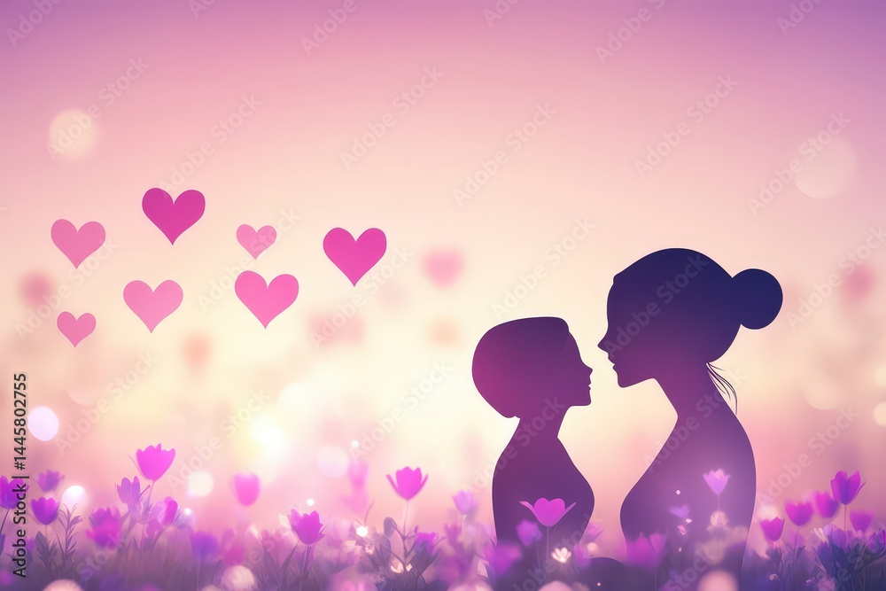 Silhouette of a mother and child in a field of flowers, with hearts. Silhouette of a mother and child in a field of flowers, with hearts.