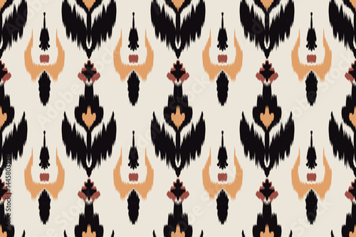 Earth tone ikat seamless pattern with tribal abstract textile design in black and beige, traditional ethnic style for fabric, wallpaper, home decor, digital surface print, and craft.