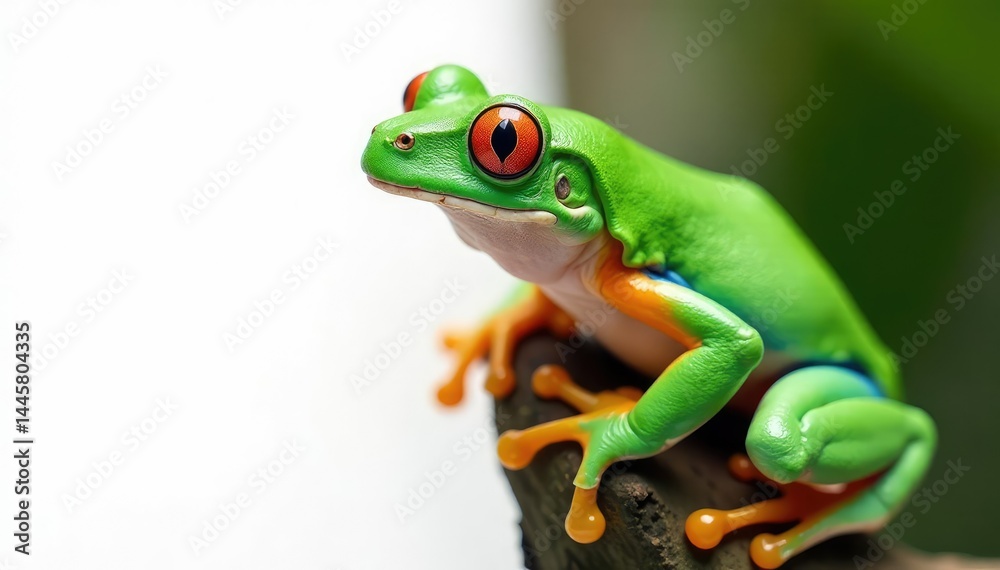 Obraz premium Green tree frog perched on white, vibrant skin details, animal, closeup, background