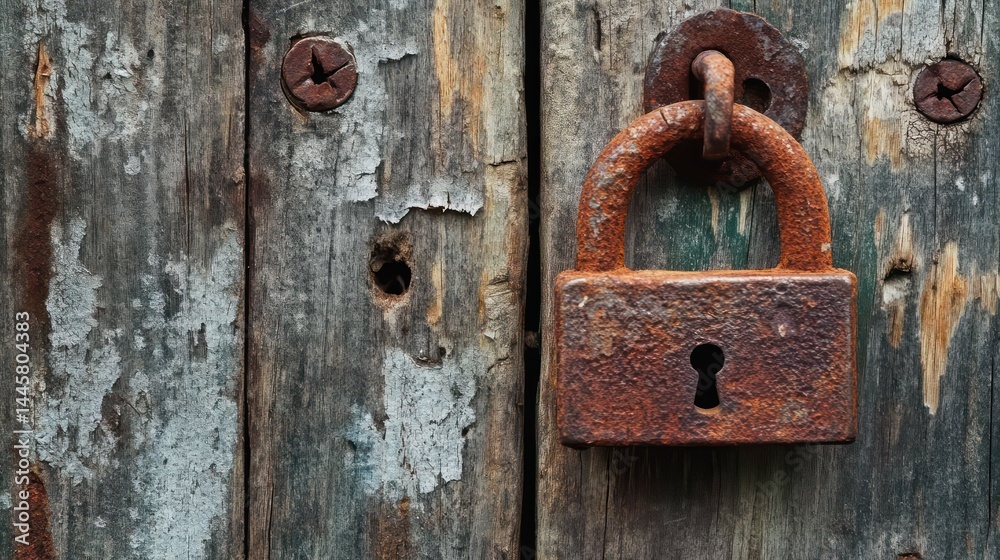 Old wooden door with rusty padlock Old wooden door with rusty padlock