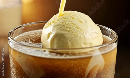 Root beer float with vanilla ice cream, sauce drizzle in glass. Refreshing beverage close-up