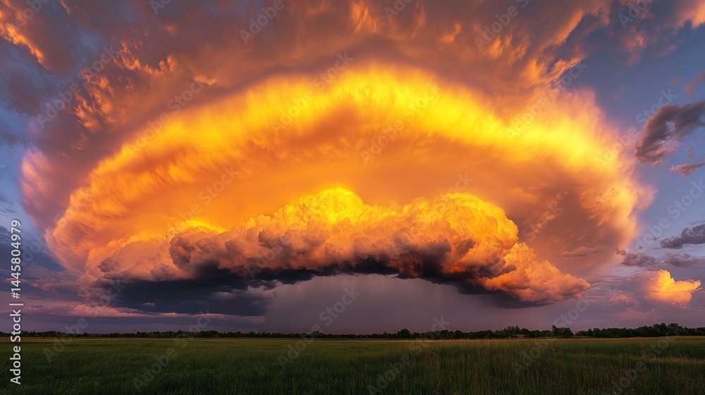 Dramatic sunset supercell thunderstorm over a grassy plain Dramatic sunset supercell thunderstorm over a grassy plain