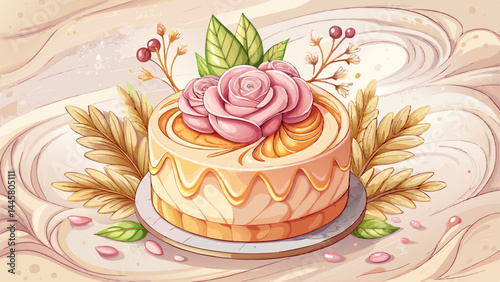 Floral essence captured in a soft, rose-scented cake.
Delicate frosting and nutty garnish create harmony.
Displayed on elegant marble for a timeless aesthetic.
Perfect for bakery packaging or gourmet 