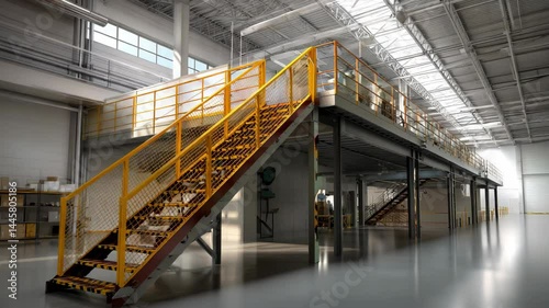 Interior view of expansive warehouse with overhead mezzanine, featuring metal stairs, supports, ceiling beams and neutral color palette bathed in natural skylight.