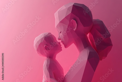 Polygonal depiction of a mother and child in soft pink hues.