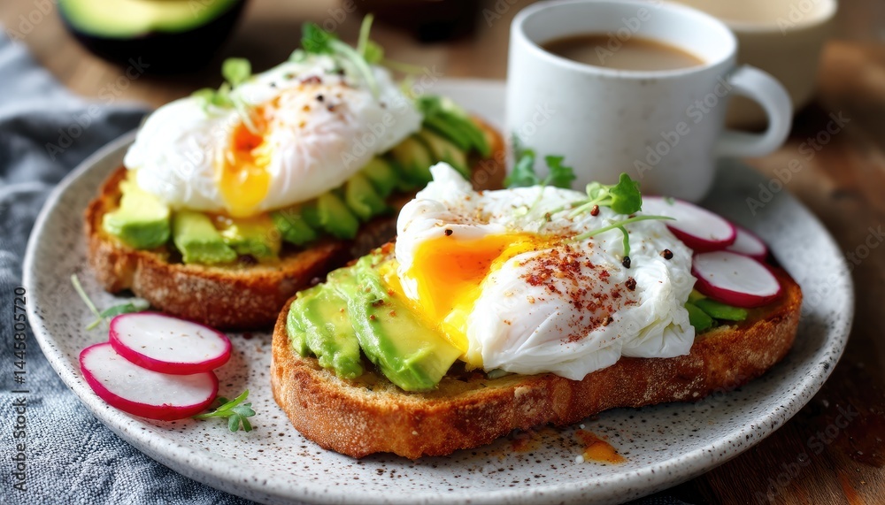 Two avocado toasts with poached eggs and radish slices served on a plate with a cup of coffee in a close up shot. Two avocado toasts with poached eggs and radish slices served on a plate with a cup of coffee in a close up shot.