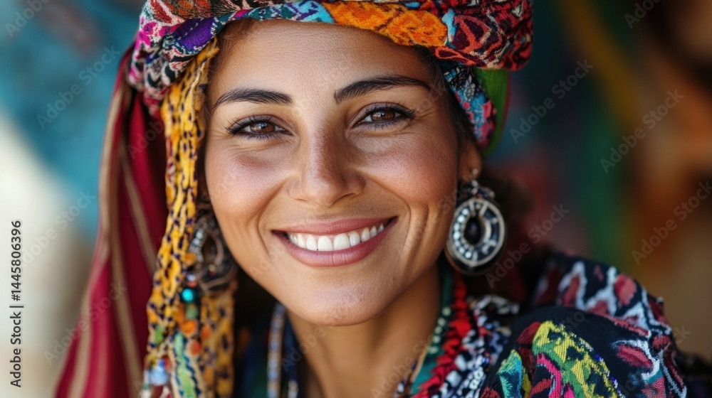 Fototapeta premium Smiling woman in colorful headwrap