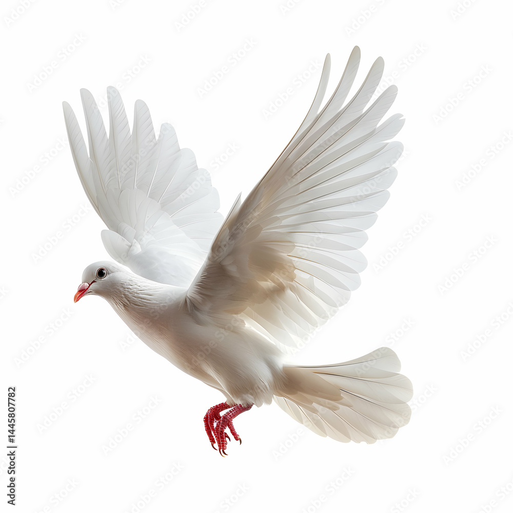 Obraz premium Majestic White Dove in Flight with Outstretched Wings and Graceful Motion