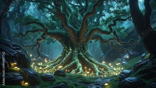 Enchanted forest scene featuring a massive ancient tree with glowing roots and bioluminescent mushrooms. The ethereal atmosphere and deep greens create a mystical mood.