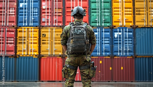 Security guard stands before colorful cargo containers