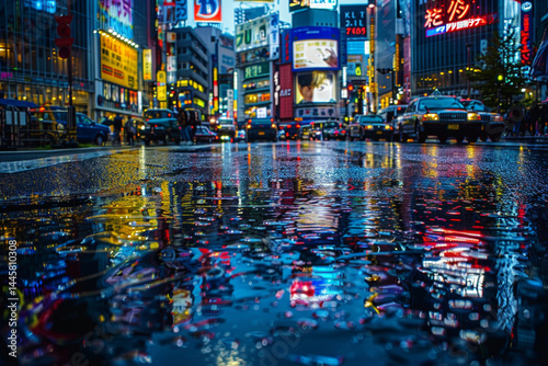Fototapeta Naklejka Na Ścianę i Meble -  Vibrant cityscape shines after rain, reflecting the stories of many passersby and the lively energy of urban life    