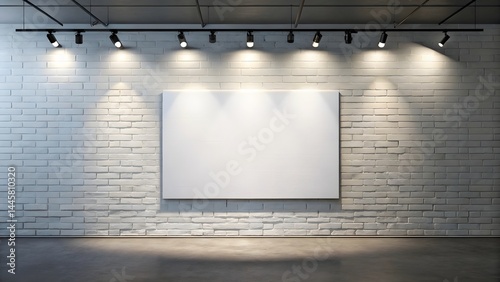 Realistic mockup of a blank white rectangular canvas or poster mounted on a gray brick wall
