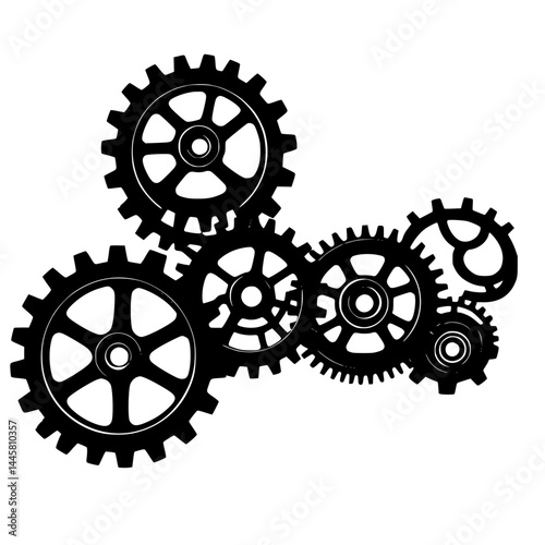 Black Gear Wheels on White: Engineering, Mechanics, Technology Design