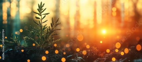 Breathtaking sunset landscape in a dense lush forest with towering evergreen trees and a warm glowing sky filled with sparkling bokeh lights  Serene