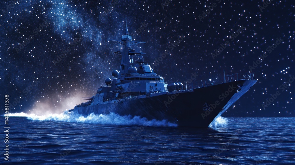 Fototapeta premium Military warship at night, majestic starscape