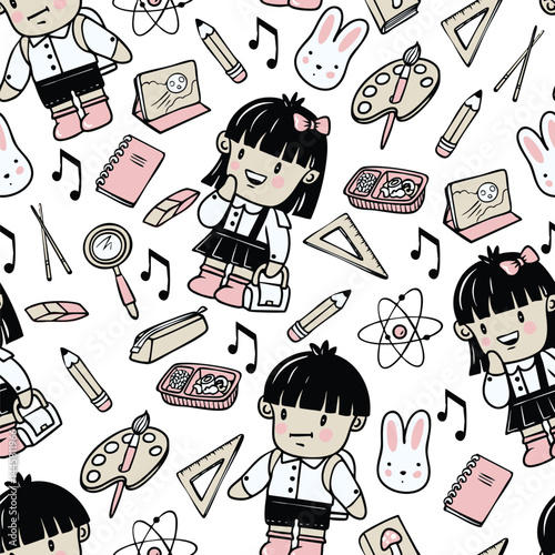 Chinese boy and girl schoolchildren and school supplies in cartoon style. Vector.