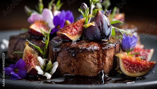 Seared Steak with Fig Reduction, Garnish with Edible Flowers, Gourmet Recipe