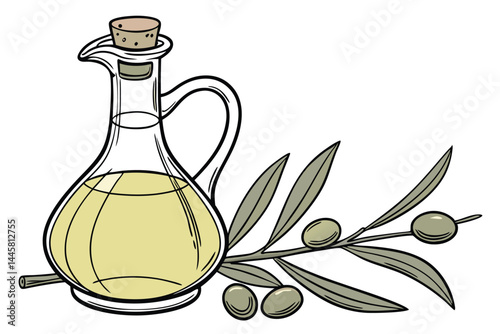 55 Glass carafe, golden liquid, olive oil, cork stopper, transparent pitcher, culinary ingredient, kitchen essential, healthy cooking, Mediterranean cuisine, round base, sleek design, pale yellow colo
