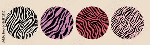 Set of four circular abstract vector designs with zebra-like wavy lines in black, pink, and cream tones, creating a playful and modern animal print effect.
