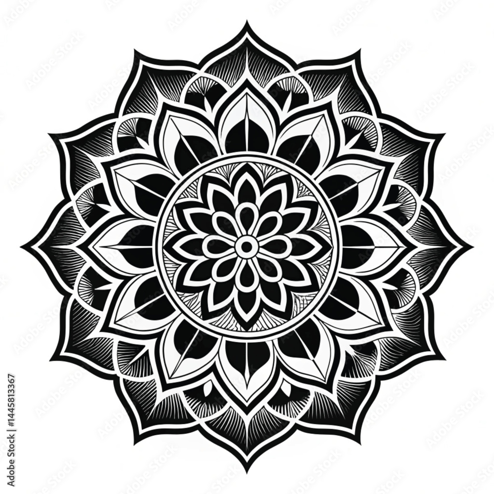 Black Mandala Silhouette Design on White Background – Intricate Geometric Floral Pattern for Tattoo, Decoration, and Spiritual Art 