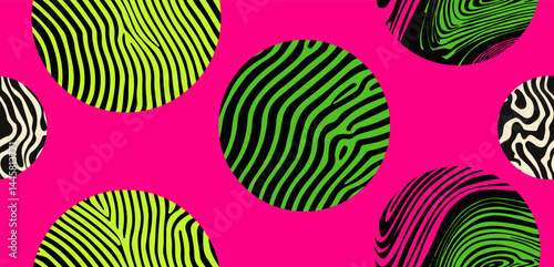 Various colorful psychedelic circles, each filled with wavy, abstract, neon patterns in the modern trending trippy and neo-psychedelic style.