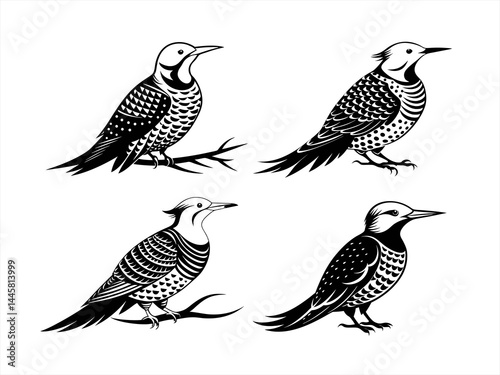 northern flicker sihouette black vector bundle