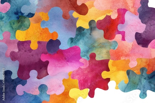 Colorful abstract puzzle piece pattern in watercolor style offers vibrant artistic design.