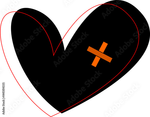 Black heart icon with orange cross in a bold modern vector style