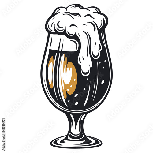 Vintage Black Beer Glass with Foam Head and Golden Highlights on Transparent BG