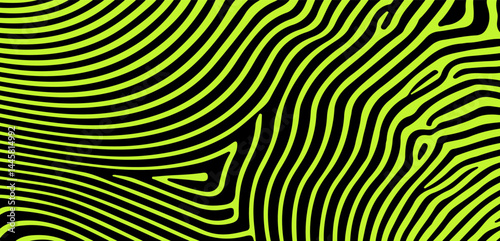 Vector illustration in modern Y2K style: organic neon green wavy stripes on black background, resembling zebra or animal print. Vibrant, bold, and trending among pop and urban design styles.