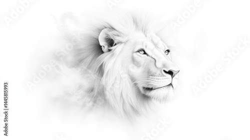 Monochromatic lion portrait.  A majestic white lion's head in profile view, rendered in grayscale.  The fur is depicted with smooth shading and textures,
