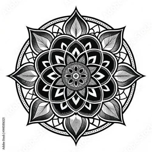 Black Mandala Silhouette Design on White Background – Intricate Geometric Floral Pattern for Tattoo, Decoration, and Spiritual Art 