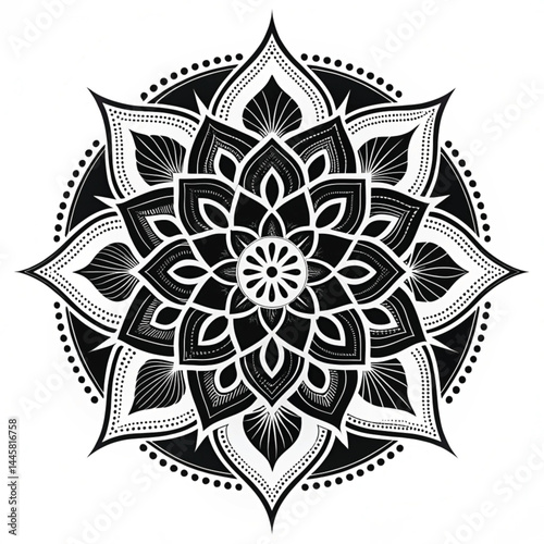 Black Mandala Silhouette Design on White Background – Intricate Geometric Floral Pattern for Tattoo, Decoration, and Spiritual Art 