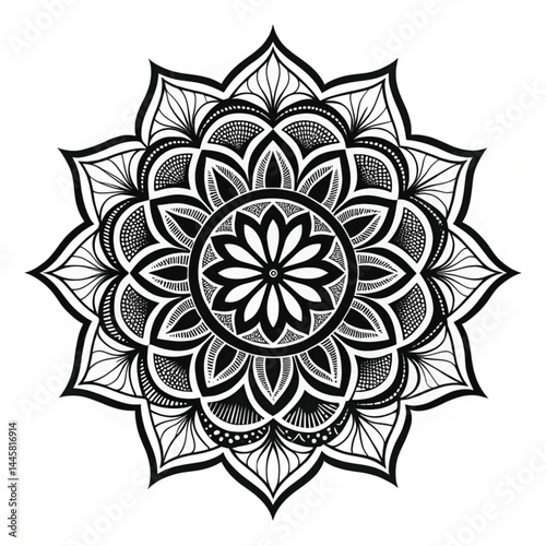 Black Mandala Silhouette Design on White Background – Intricate Geometric Floral Pattern for Tattoo, Decoration, and Spiritual Art 