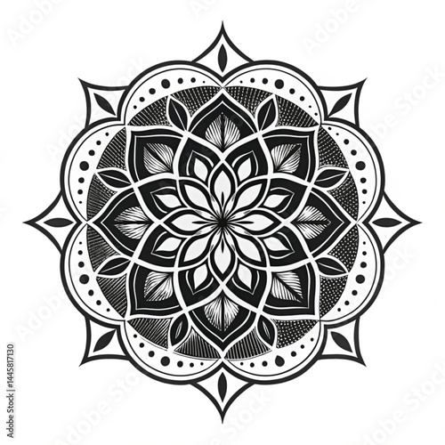 Black Mandala Silhouette Design on White Background – Intricate Geometric Floral Pattern for Tattoo, Decoration, and Spiritual Art 