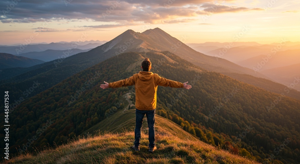Fototapeta premium A lone traveler facing a panoramic mountain or ocean view, arms stretched out, symbolizing freedom, adventure, and self-discovery. Ideal for travel, lifestyle, or motivational themes.