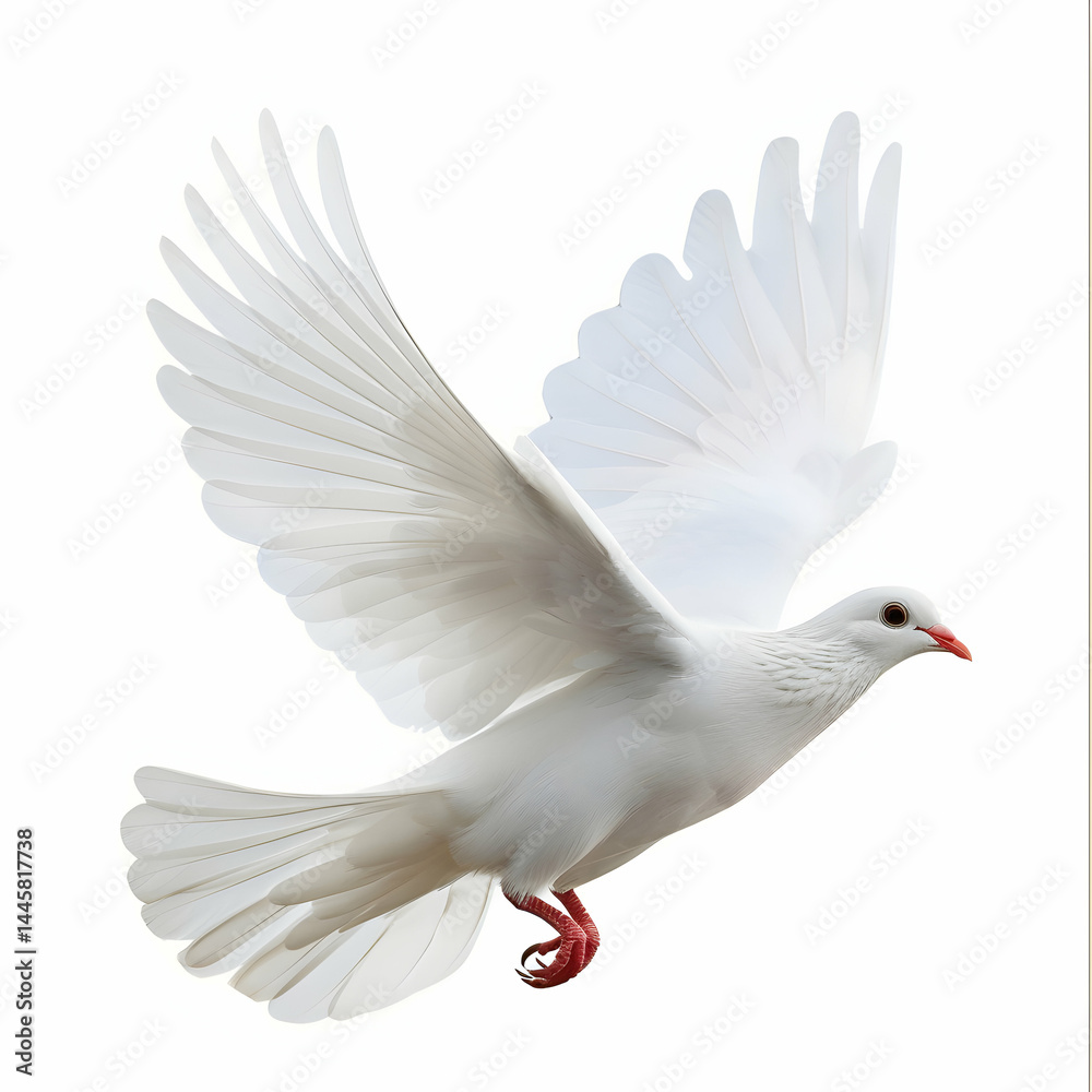 Graceful white dove in mid-flight with elegant outstretched wings Graceful white dove in mid-flight with elegant outstretched wings