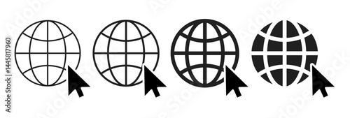 Website globe icon set with transparent background. Includes internet, global network, web browser, and world wide web symbols. Ideal for Graphic Design, app, and digital communication design.