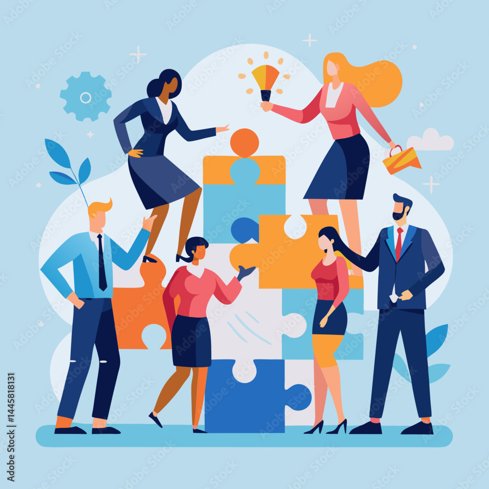 Business Teamwork Concept. Vector illustration in flat style of a group of diverse people in business suits putting together pieces of a puzzle. Isolated on background Business Teamwork Concept. Vector illustration in flat style of a group of diverse people in business suits putting together pieces of a puzzle. Isolated on background