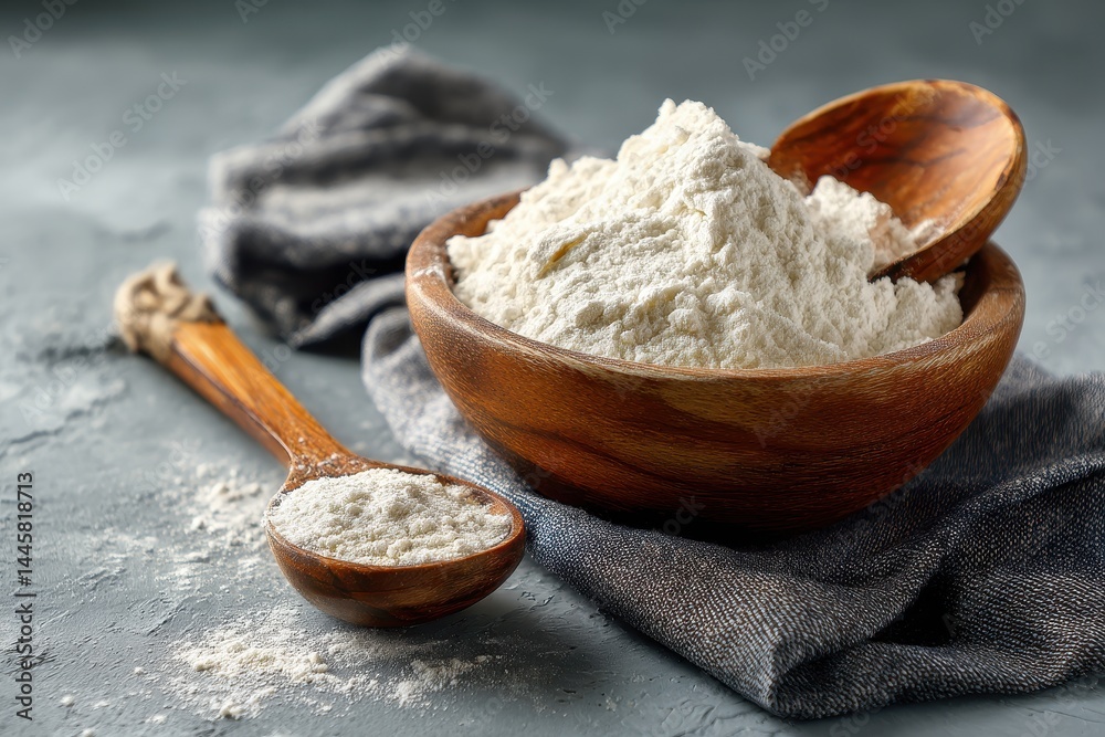 Wooden Bowl of Flour with Spoons on Gray Surface Wooden Bowl of Flour with Spoons on Gray Surface