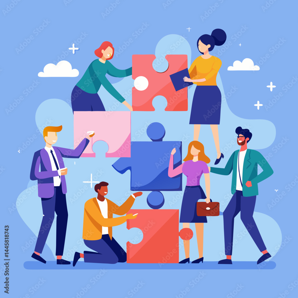 Business Teamwork Concept. Vector illustration in flat style of a group of diverse people in business suits putting together pieces of a puzzle. Isolated on background Business Teamwork Concept. Vector illustration in flat style of a group of diverse people in business suits putting together pieces of a puzzle. Isolated on background