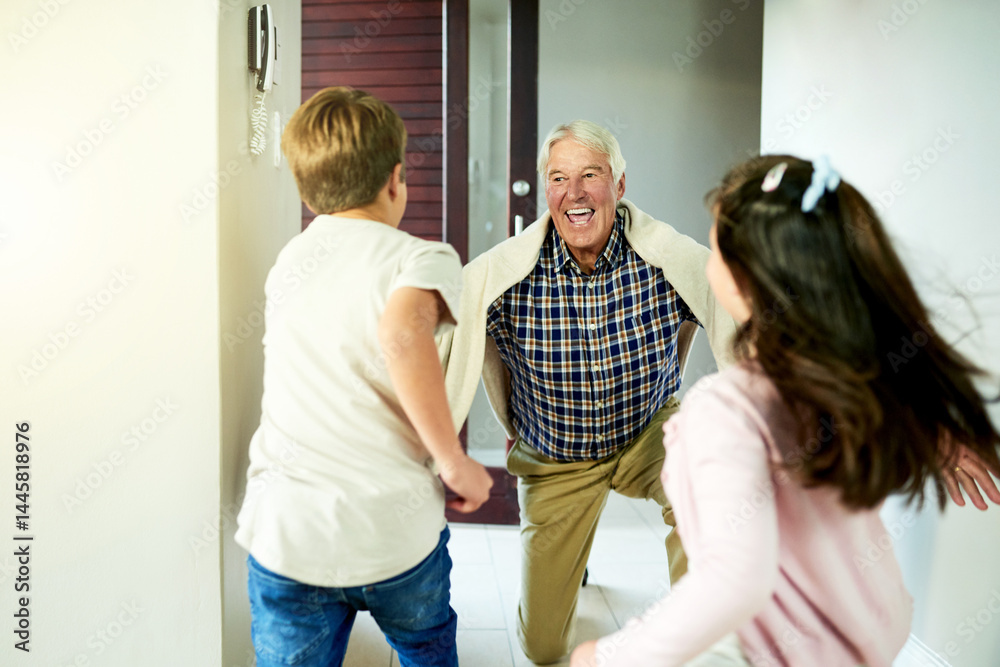 Fototapeta premium Children, running and happy for grandfather visit in home with arrival greeting, hello and reunion welcome. People, family connection and support by front door with bonding together and relationship