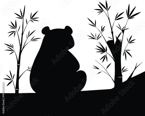 Panda bear silhouette with bamboo branches with leaves , isolated on white background. Clipart, vector design element