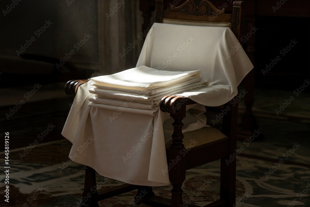 Serene morning light on folded linens on antique chair for interior design inspiration